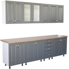 Bucatarie Zebra 260 cm din MDF Gri cu blat gros termoizolant culoare Artar